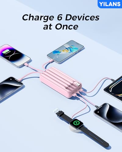 Portable Charger,50000mAh Power Bank Built-in Cable, 22.5W PD USB C In & Out Fast Charging, External Battery Pack with 6 Output & 2 Input, Travel Phone Charger for iPhone 17/16/15/14/13/12(Rosy) - color: Rosy