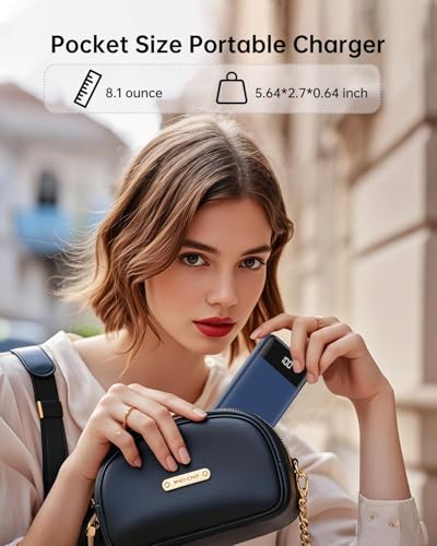 Portable Charger Power Bank w/Built-in Cables 10000mAh LED Display, Navy - color: Navy