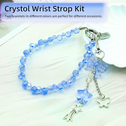 Crystal Beaded Phone Wrist Strap, Cute Cellphone Lanyard Chain, Bow Keychain Wristlet Bag Charms for Women - color: Bow/Blue