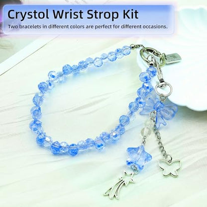 Crystal Beaded Phone Wrist Strap, Cute Cellphone Lanyard Chain, Bow Keychain Wristlet Bag Charms for Women - color: Bow/Blue