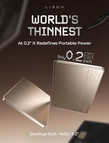 LISEN 0.2'' Ultra Slim Power Bank 5000mAh, USB C Built-in Cable Charger - color: Gold