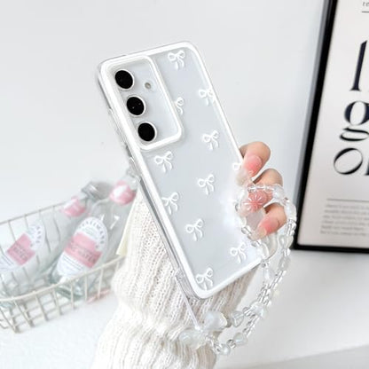 NITITOP Compatible with Samsung Galaxy S24 FE Case Clear Ribbon Bow Knot Pattern for Girls Women Bowknot Durable with Chain Wrist Strap Soft TPU Shockproof Protective Phone Cover - White - color: White, size: Samsung Galaxy S24 FE
