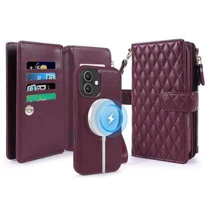 for iPhone 17 Case Wallet,Compatible with MagSafe 2 in 1 Magnetic Detachable PU Leather RFID Blocking Wallet Cover Card Holder Zipper Wrist Strap Lanyard,Quilted Wine Red - color: Quilted Wine Red, size: iPhone 17