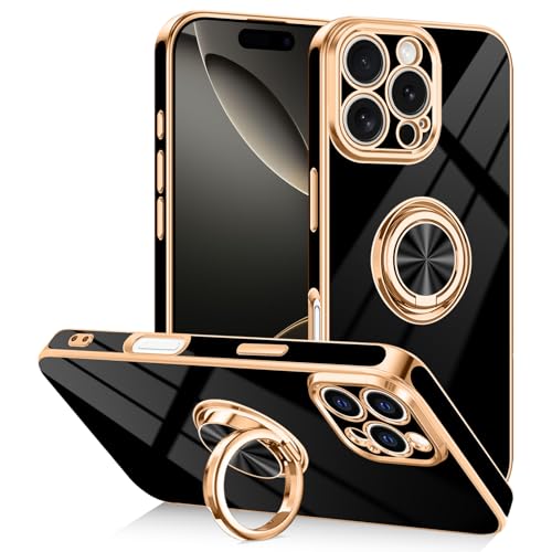 Designed for iPhone 16 Pro Case with Ring Stand Slim Black | 360° Rotatable Finger Holder, Support Magnetic Car Mount, Soft TPU Electroplated, Full Lens Protection, Shockproof Phone Case - color: Black, size: 6.3'' iPhone 16 Pro