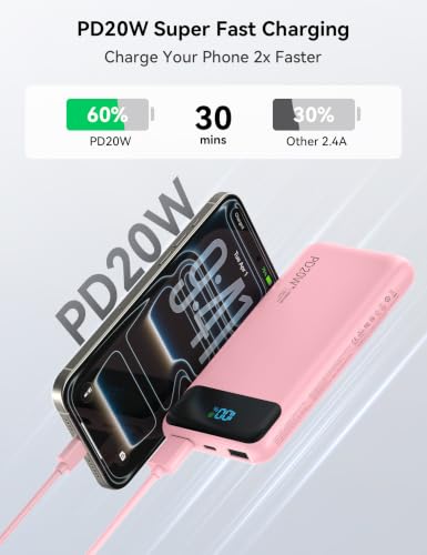 Nusyddy Portable Charger 10000mAh with 4 Built-in Cables & 6 Outputs Pink - color: Pink