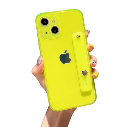 Strap Case for iPhone 15 with Stand, Neon Green | Wrist Strap Kickstand, Adjustable Finger Hand Grip Loop, Slim Transparent Anti-Scratch Back, Soft Bumper Phone Cover - color: Neon Green, size: iPhone 15