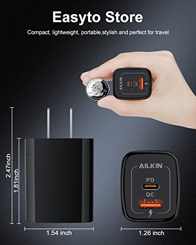 3Pack Dual Port USB-C Wall Plug-in USBC Charger, AILKIN 20W Power Delivery - color: Black