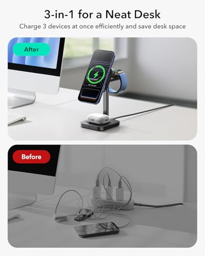 ESR 3 in 1 Charging Station, Qi2.2 25W MagSafe Charger Stand w/Cryoboost - color: Black