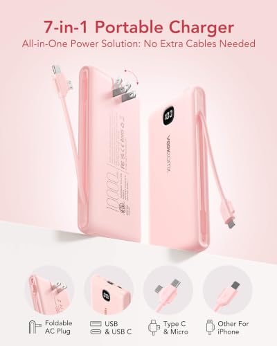 Portable Charger Power Bank Built in Cables and Wall Plug, 10000mAh iPhone Battery Pack Fast Charging, USB C External Slim Power Bank, Travel Essentials Compatible with iPhone 16 15 14 13 iPad, Pink - color: Pink