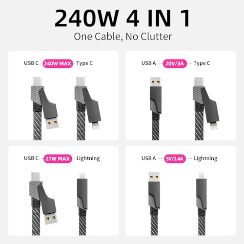 USB C Cable Fast Charging, 240W MAX 4 in 1 Charging Cable with E-Mark Chip - color: Black&Gray, size: 1Pack 5 ft