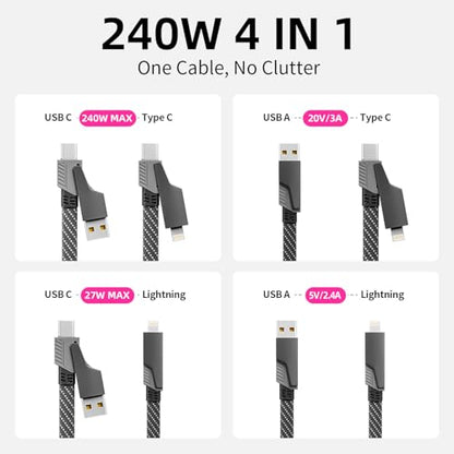 USB C Cable Fast Charging, 240W MAX 4 in 1 Charging Cable with E-Mark Chip - color: Black&Gray, size: 1Pack 5 ft