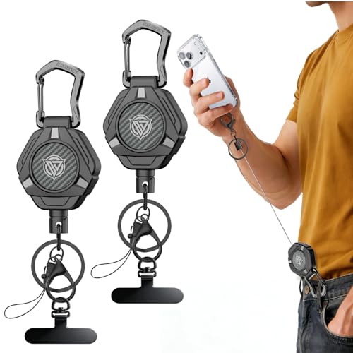 Oaridey Magnetic Anti Theft Phone Strap, Retractable Steel Cell Phone Lanyard with Heavy Duty Carabiner and 360° Metal Phone Tether Tab For Skiing, Hiking, Fishing, Concert and Traveling, 2 Packs - color: 2 Packs