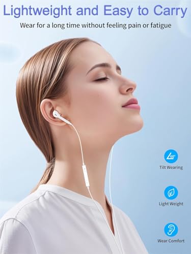 2 Packs Earbuds for iPhone Wired Headphones with Built-in Microphone & Volume Control HiFi Stereo Noise Reduction Wired Earphones for iPhone 14/13/12/11/XR/XS/X/8/7/SE All iOS, Plug and Play, White