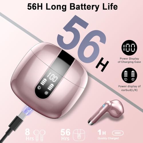 Wireless Earbuds, 2026 Bluetooth 5.4 Headphones Bass Stereo, Ear Buds with 4 Mics ENC Noise Cancelling, Bluetooth Earbuds 56H Playtime LED Display Rose Gold - color: Rose gold