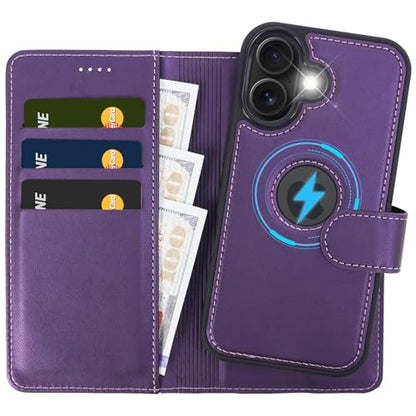 2 in 1 PU Leather for iPhone 17 Case, Detachable Wallet Case with Card Holder, Removable Flip Folio Cover with RFID Blocking, Stand Shockproof Phone Cover（Compatible with MagSafe） Purple - color: Purple, size: Iphone 17