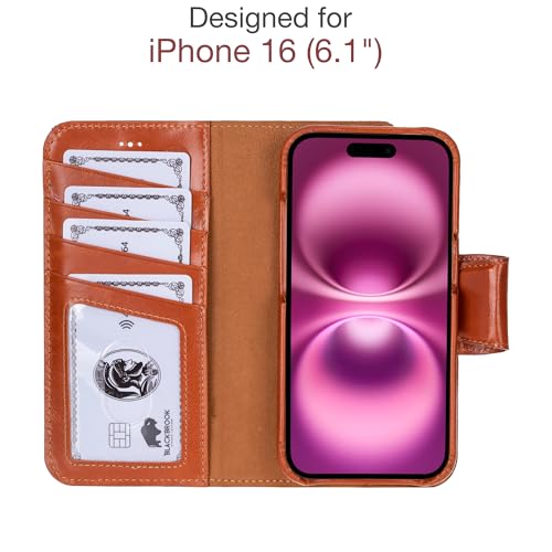 BLACKBROOK Wallet Case for iPhone 16 – Burkley 2-in-1 Detachable Folio, MagSafe Compatible, RFID Blocking – Full Grain Leather with Natural Patina, 3 Card Slots, Premium Gift Box - color: Burnished Tan, size: iPhone 16