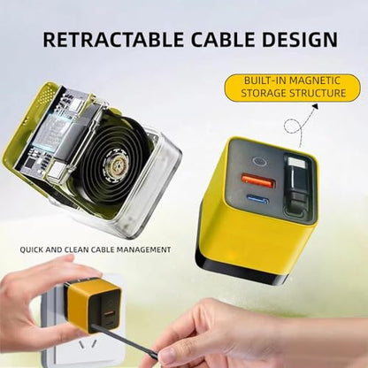 3 in 1 GaN Charger,80w Fast Charger Adapter with Type-C Cable & 2 USB Ports,Multi-Functional Retractable All in one Charger for Phone,Tablets,laptops (Yellow)