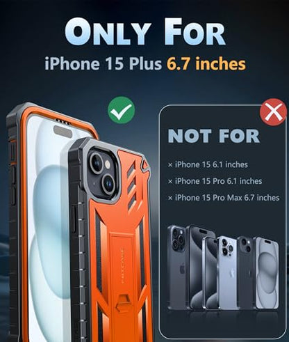 FNTCASE for iPhone 15 Plus Case, Built-in Screen Protector, Kickstand | Military-Grade Drop Protection, Anti-Slip Matte Textured, Rugged Heavy Duty Shockproof TPU Protective Cover - color: Orange