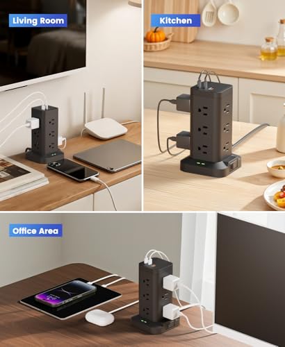 12AC 3USB Power Strip Tower Surge Protector 1800J, 8ft, Black, 1 - color: Black, size: 8ft