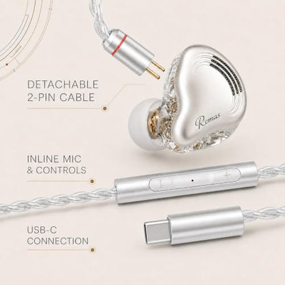 Rosmas Wired Earbuds with Mic,SM10 Pro Wired Gaming IEM Earbuds with Mic, Detachable 2-Pin Cable, 4BA+1DD Hybrid in-Ear Headphones, Secure Over-Ear Fit, 3.5mm for PC and Controllers， Sliver - color: Silver