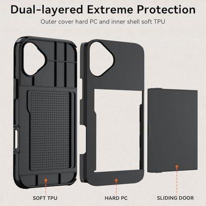 Qinmay Compatible with iPhone 16 Case with Card Holder, Dual Layer Shockproof,Heavy Duty Protective Hidden Slot Slim Wallet Phone Cover ，Black - color: Black, size: for iPhone 16