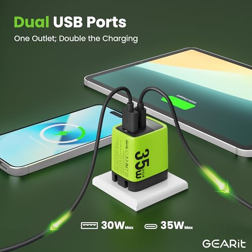 GEARit 35W USB C Brick - Dual-Port GaN Wall Charger with Smart LED Display
