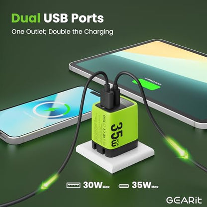 GEARit 35W USB C Brick - Dual-Port GaN Wall Charger with Smart LED Display