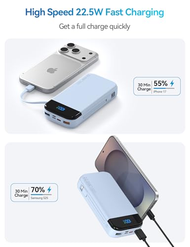 Phone Battery Bank 32000mAh 22.5W w/Built-in Cables & USB C Fast Charging - color: Blue