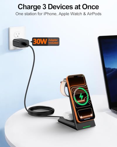 3 in 1 Magnetic Wireless Charging Station - 15W Fast Charging for iPhone 18 Pro Max/17/16/15/14/13/12, Compatible with MagSafe, for Apple Watch & AirPods, Auto-Dimming Indicator, Includes 30W Adapter - color: Black