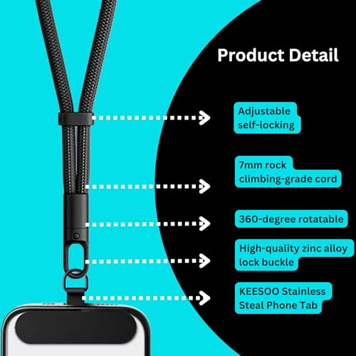 Minimalist Wrist Strap Phone Lanyard with Adjustable Drop-Proof Design, 7mm Reinforced Climbing Rope Material, 2 Phone Tether Tabs (Matching Metal and Rotatable Clear) - Fuscous Grey - color: 03 Minimalist Fuscous Grey