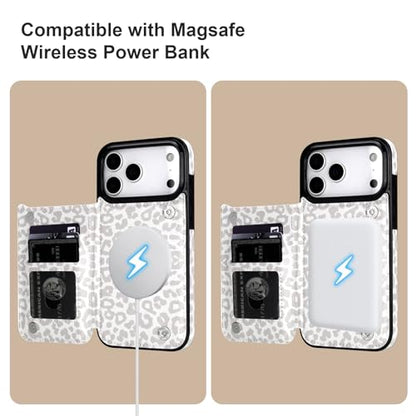 HAOPINSH Wallet Case for iPhone 17 Pro Max,Compatible with MagSafe Wireless Charging, White Leopard Cheetah Pattern Back Flip Folio Leather Kickstand Card Slots Case Double Magnetic Clasp Cover 6.9" - color: White Leopard for MagSafe