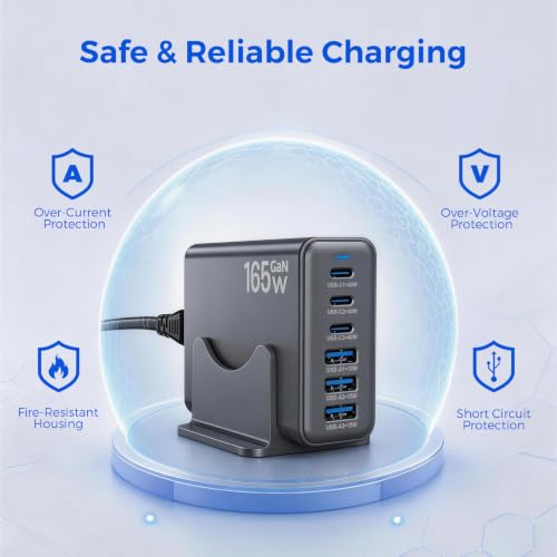 165W GaN Charging Station, 6-Port Desk Charging Station, Dark Gray - color: Dark Grey