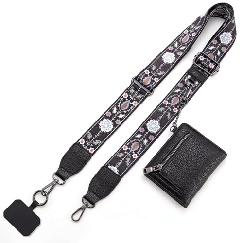 Diaclara Clip and Go Phone Strap with Zipper Pouch- Stylish Crossbody Adjustable Chain Lanyard with Leather Wallet for All Phones, Black Pattern - color: Black Pattern