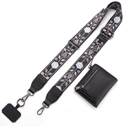 Diaclara Clip and Go Phone Strap with Zipper Pouch- Stylish Crossbody Adjustable Chain Lanyard with Leather Wallet for All Phones, Black Pattern - color: Black Pattern