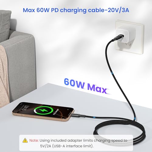 Elebase 60W USBC Car Charger Cable 3.3FT with USB Adapter - color: Straight-Black, size: 3.3 FT