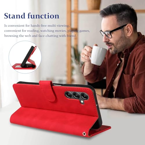 RFID Blocking for Samsung Galaxy S25 FE Case Wallet (Red) | 4 Card Slots, Soft PU Leather, TPU Inner Shell, Wrist Strap, Stand, Magnetic Folio Flip Cover, Shockproof Protective - color: Red
