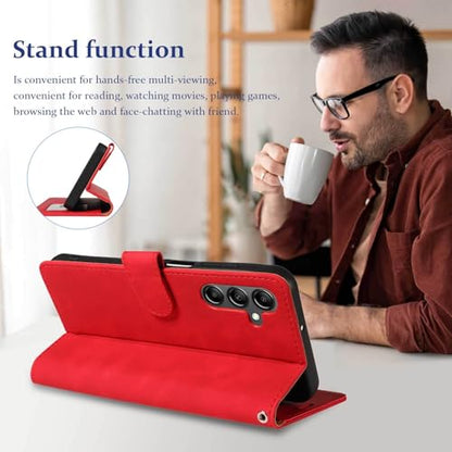 RFID Blocking for Samsung Galaxy S25 FE Case Wallet (Red) | 4 Card Slots, Soft PU Leather, TPU Inner Shell, Wrist Strap, Stand, Magnetic Folio Flip Cover, Shockproof Protective - color: Red
