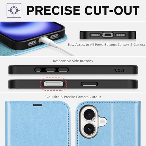 TUCCH Wallet Case for iPhone 16 (6.1") 2024, Flip Stand, Pearly Light Blue | RFID Blocking, 4 Card Holders, Kickstand, PU Leather, Shockproof TPU Shell, Magnetic Closure, Protective Folio Cover - color: Pearly Light Blue