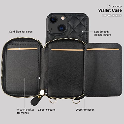 Bocasal Crossbody Wallet Case Card Holder for iPhone 13, Black | RFID Blocking PU Leather Zipper Handbag Purse, Kickstand Flip Folio Case with Card Slots Holder Wrist Strap Lanyard 6.1 Inch - color: Black