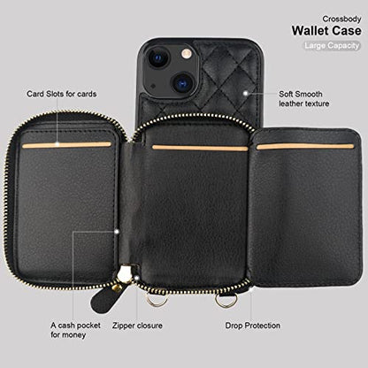 Bocasal Crossbody Wallet Case Card Holder for iPhone 13, Black | RFID Blocking PU Leather Zipper Handbag Purse, Kickstand Flip Folio Case with Card Slots Holder Wrist Strap Lanyard 6.1 Inch - color: Black