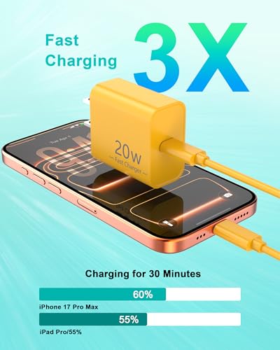 iPhone 17 16 15 Charger Fast Charging 10FT, 20W USB C Charger Block & Cable - color: Yellow