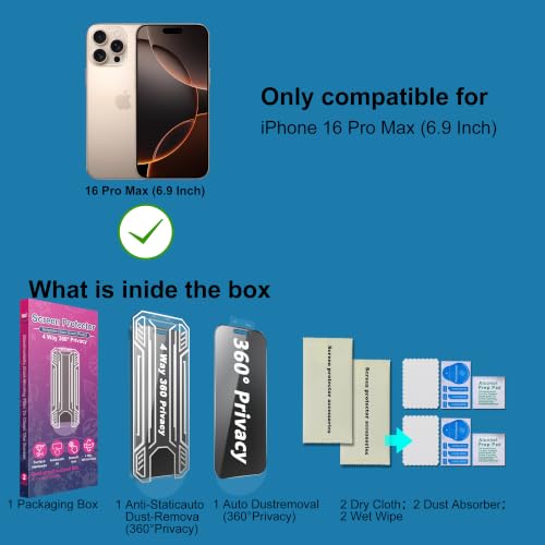 [2 Pack 4 Way Privacy Screen Protector for iPhone 16 Pro Max, Anti-Spy Tempered Glass, 9H Hardness Shatterproof, 3D Curved Edges, Case-Friendly, Bubble-Free Easy Installation - size: for 16 Pro Max