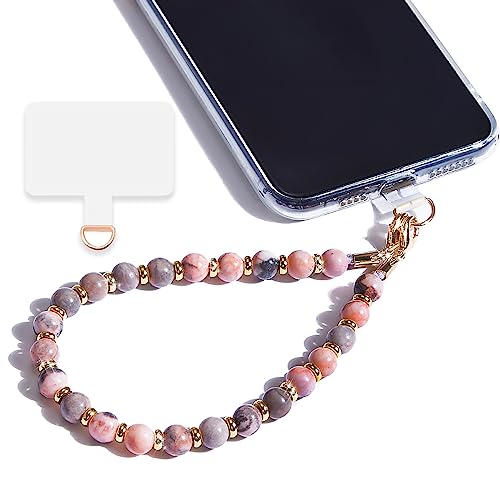 Marble Beaded Phone Wrist Strap for Women, Detachable Design - color: Pink Zebra