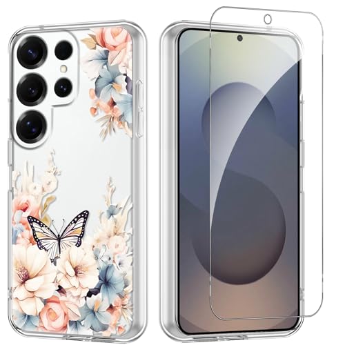 Flower Phone Case Floral for Samsung Galaxy S25 Ultra 5G 6,9'' with Screen Protector, Clear Transparent Phone Cover Slim Soft Shockproof Anti-Scratch Protection Funda for Girls Women, 01 - color: Flower 01, size: Samsung Galaxy S25 Ultra 5G
