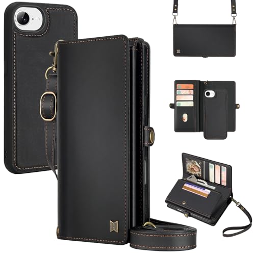 for Wallet Case Compatible with iPhone 16e / 17e ,Multi-Function Detachable 2 in 1 Magnetic iPhone 16e / 17e Case Wallet,Flip Strap Zipper Card Holder Phone Case with Shoulder Straps (Black) - color: Black, size: iPhone 16E