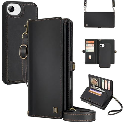 for Wallet Case Compatible with iPhone 16e / 17e ,Multi-Function Detachable 2 in 1 Magnetic iPhone 16e / 17e Case Wallet,Flip Strap Zipper Card Holder Phone Case with Shoulder Straps (Black) - color: Black, size: iPhone 16E