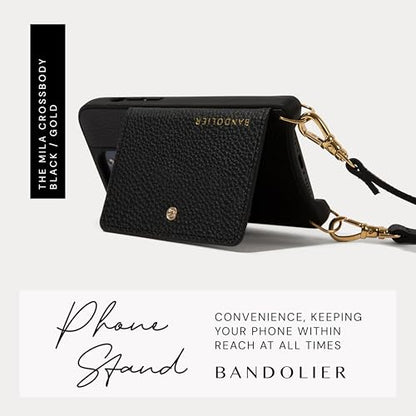 Bandolier Mila Leather Crossbody MagSafe Case iPhone 15 Pro Max - Black/G | Crossbody leather phone case. Built-in card-holder. Adjustable & removable strap. MagSafe Design. Phone drop protection. - color: Black/Gold, size: iPhone 15 Pro Max