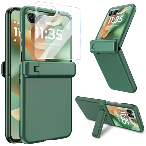 for Motorola Razr 2025/2024 Case with Kickstand, [Built-in Screen Protector & Hinge Protection] Ultra Thin Matte PC Shockproof Phone Cover Smartphone Case for Moto Razr 2025/2024 (Green)