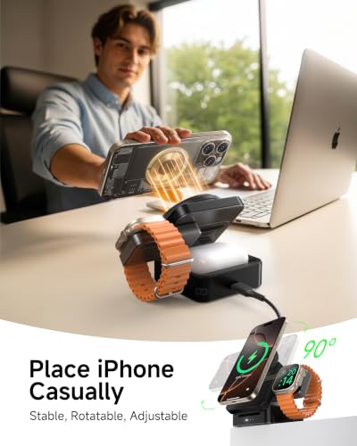 ZEEHOO 3-in-1 Charging Station for Apple, Foldable Mag-Safe Charger, 15W Wireless Charger for iPhone 17/16/15/14/13/12 Series, Apple Watch, AirPods(30W Adapter Included) (Black) - color: Black
