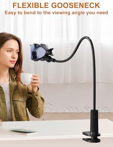 Phone Holder for Bed, Gooseneck Phone Holder for Desk Bedside Table, Flexible Gooseneck Long Arm Stand with Adjustable 360°Cell Phone Mount Clamp Clip for iPhone and All 4-7" Phone